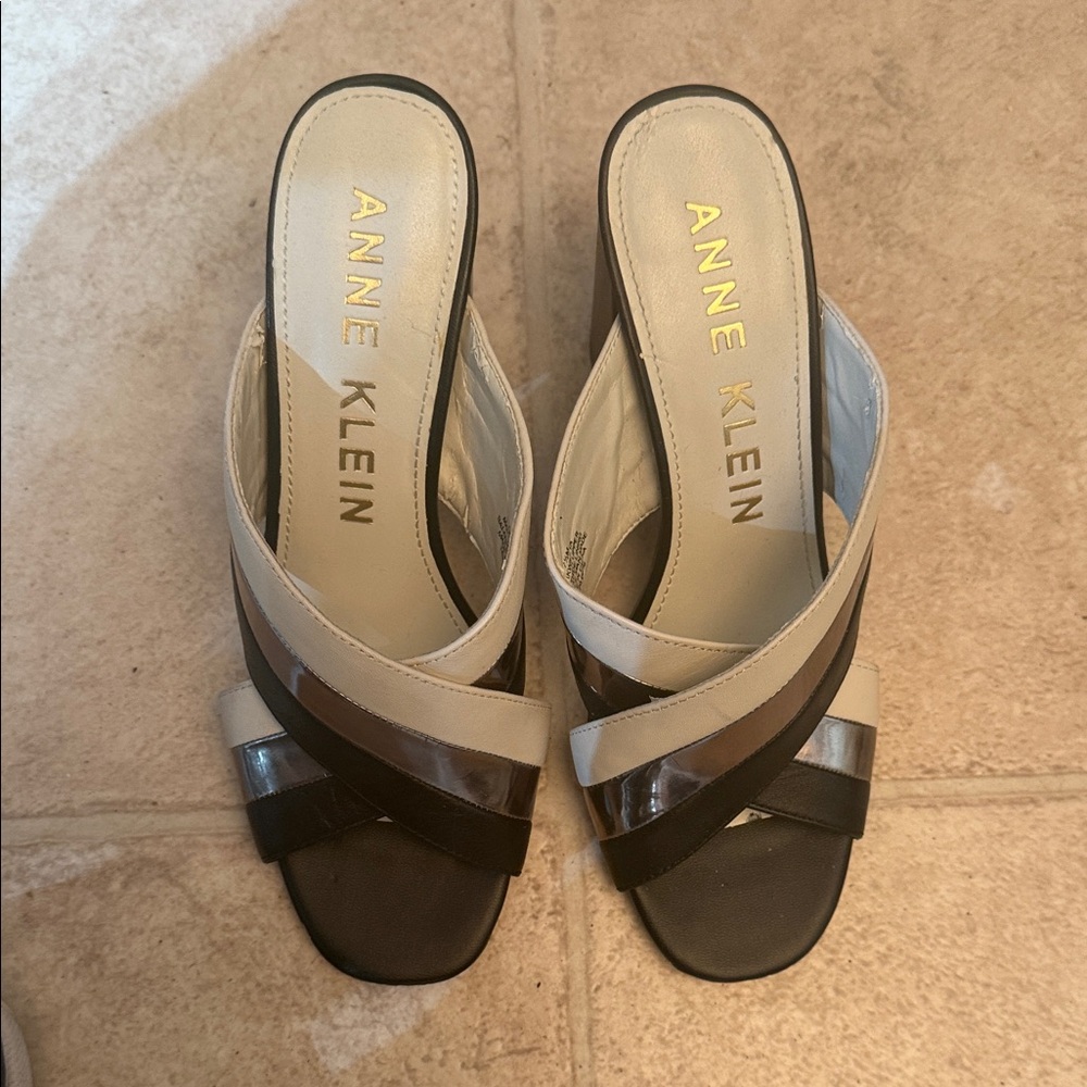 Anne Klein Black and Cream Wedge Sandals